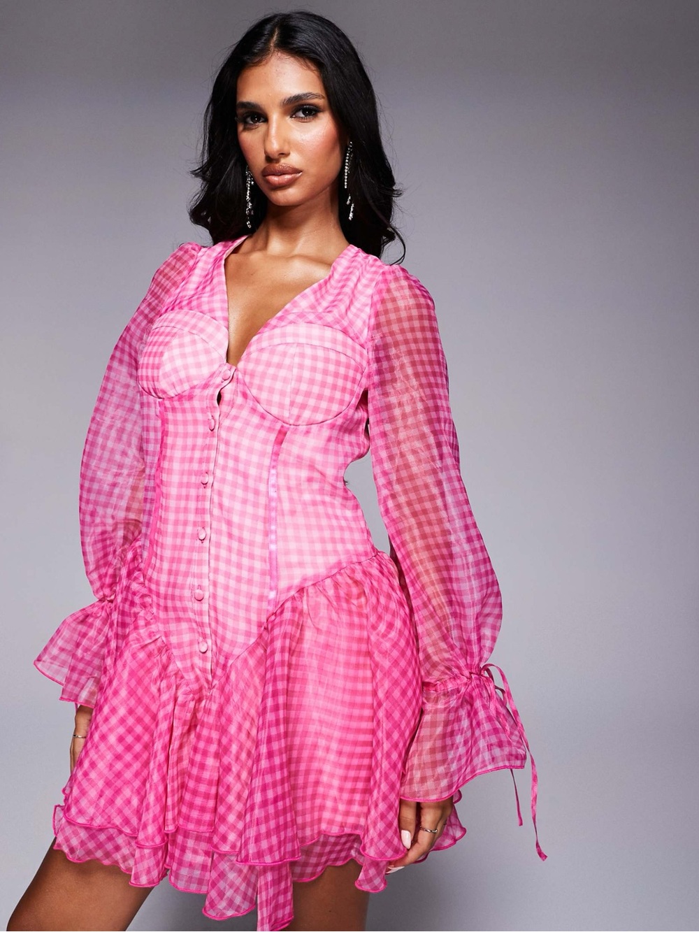 ASOS LUXE Pink Gingham Ruffle Corset Mini Dress